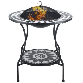 30" Outdoor Fire Pit Dining Table, 3-in-1 Round Wood Burning Fire Pit Bowl, Patio Ice Bucket with Storage Shelf, Spark Screen Cover for BBQ, Bonf