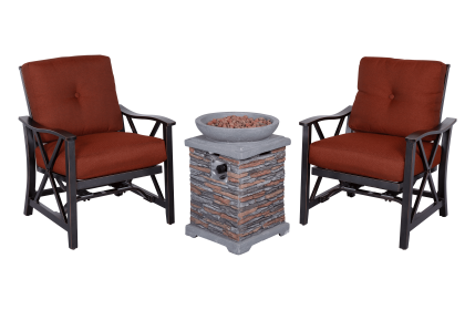 Outdoor Fire Pit 3pcs Set w/Haywood KD Aluminum X Back Stationary Spring Chairs (Color: black gold, Capacity: 2-person)